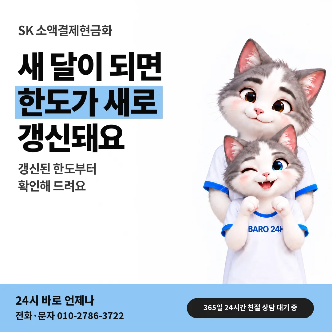 BARO 24H 티셔츠를 입은 3D 동물 캐릭터 옆에 「SK 매달 1일 한도 갱신」 제목을 얹은 안내 카드