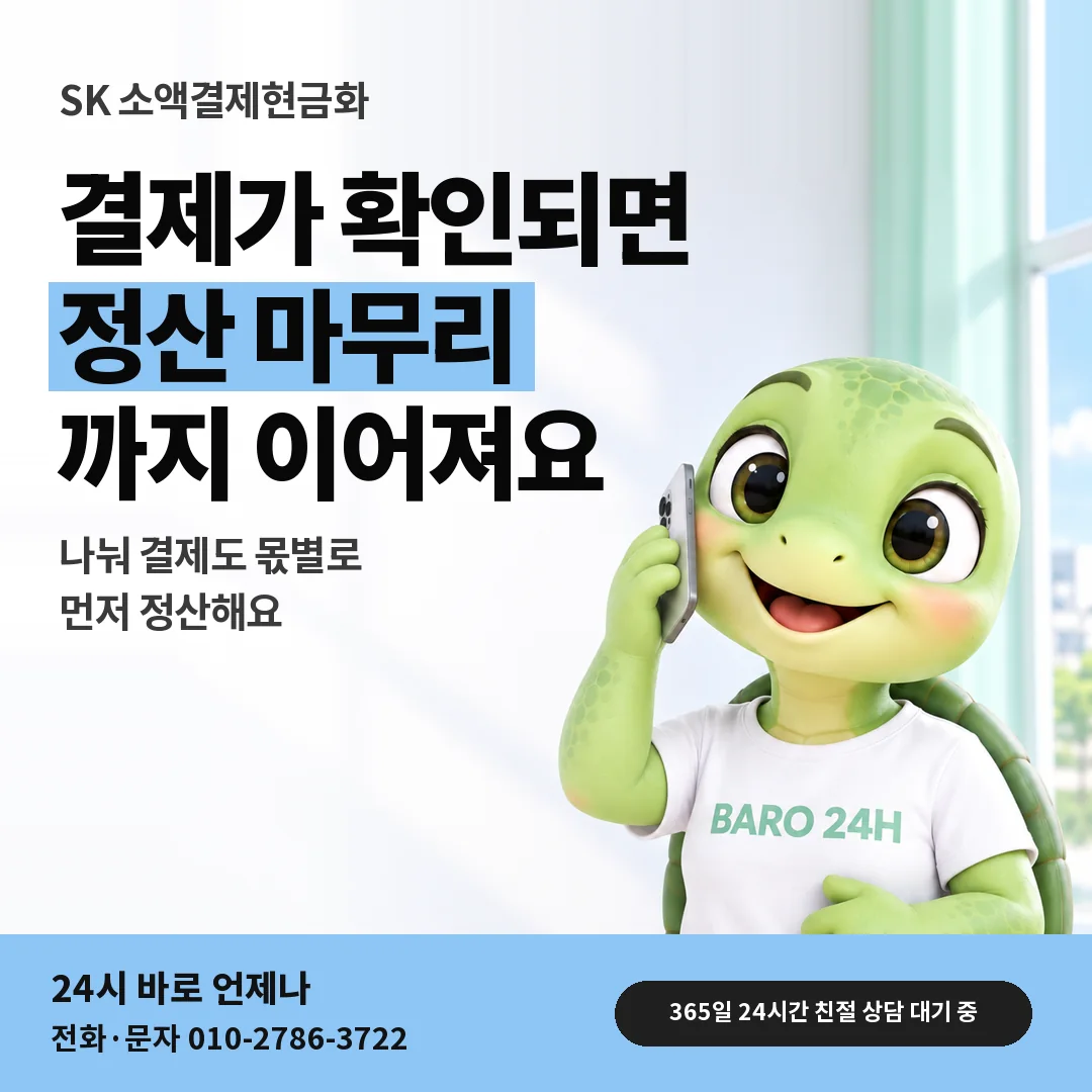 BARO 24H 티셔츠를 입은 3D 거북이 캐릭터 옆에 「SK 결제 확인 뒤 정산」 제목을 얹은 안내 카드